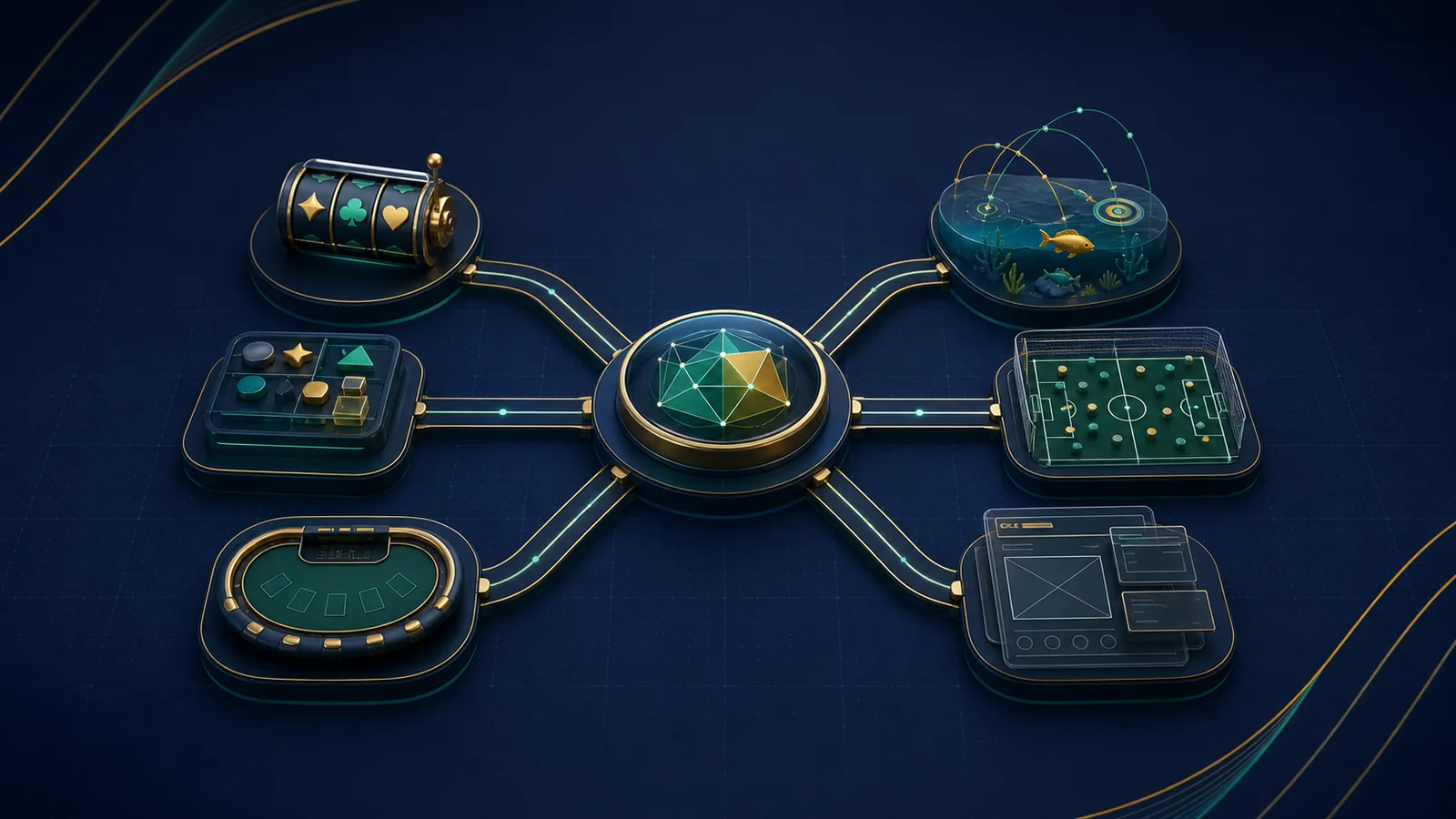 Mapa visual das categorias Slots, Minijogos, Ao Vivo, Pescaria, Esporte e Demo